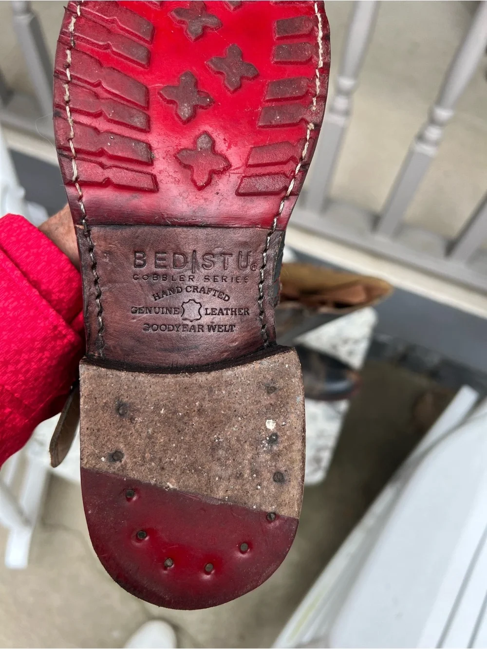 BED|STU Red and Brown Leather Boot Sole Detail - Picture 6 of 6